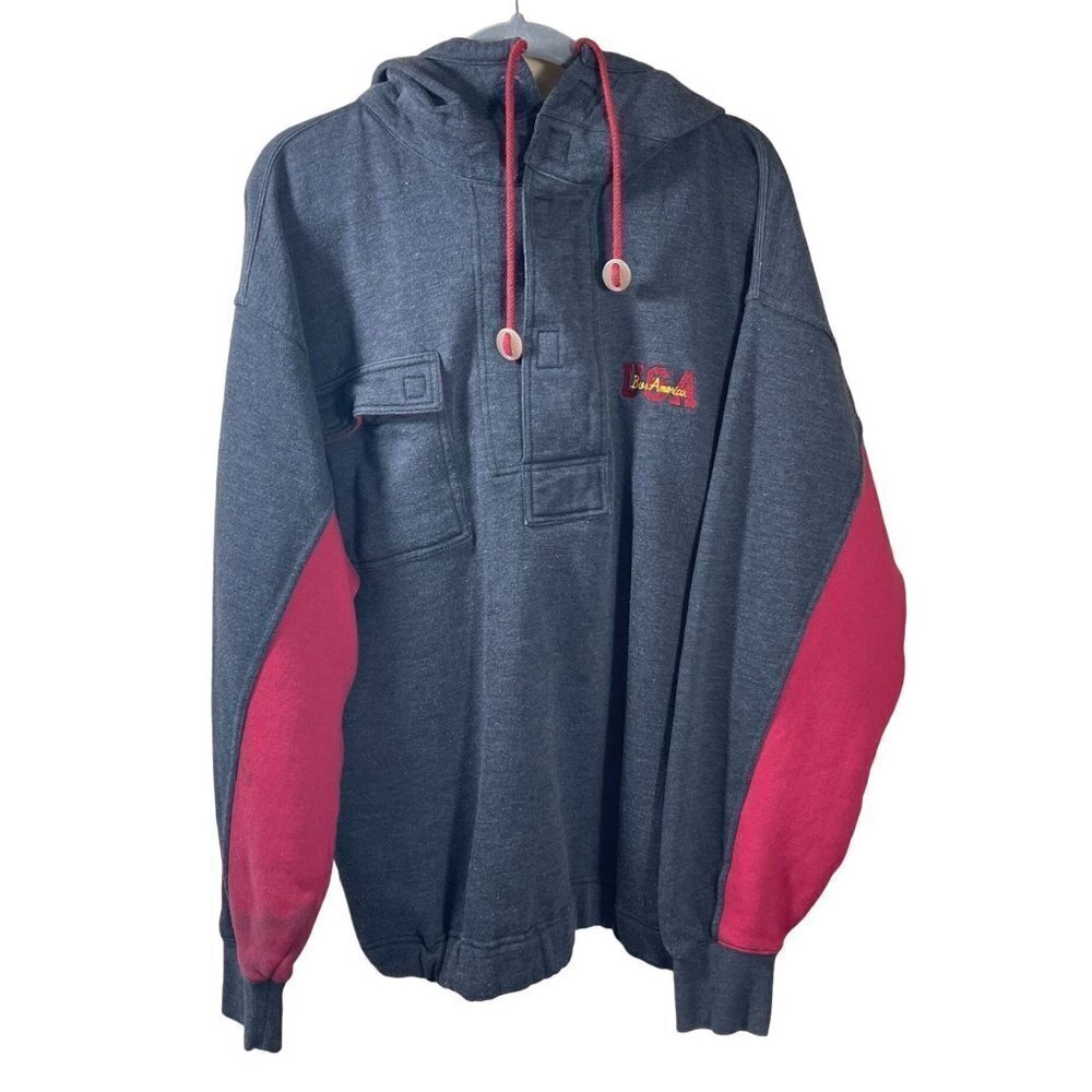 VTG Men's Boss America USA Hoodie Sweatshirt Red Grey Size XL Extra Large
